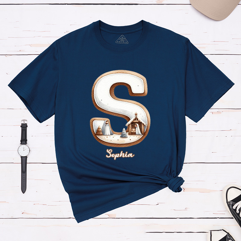 Personalized Nativity Scene Classic T-Shirt with Initial and Name Christian Shirt Religious Gift Faith Gift for Christians
