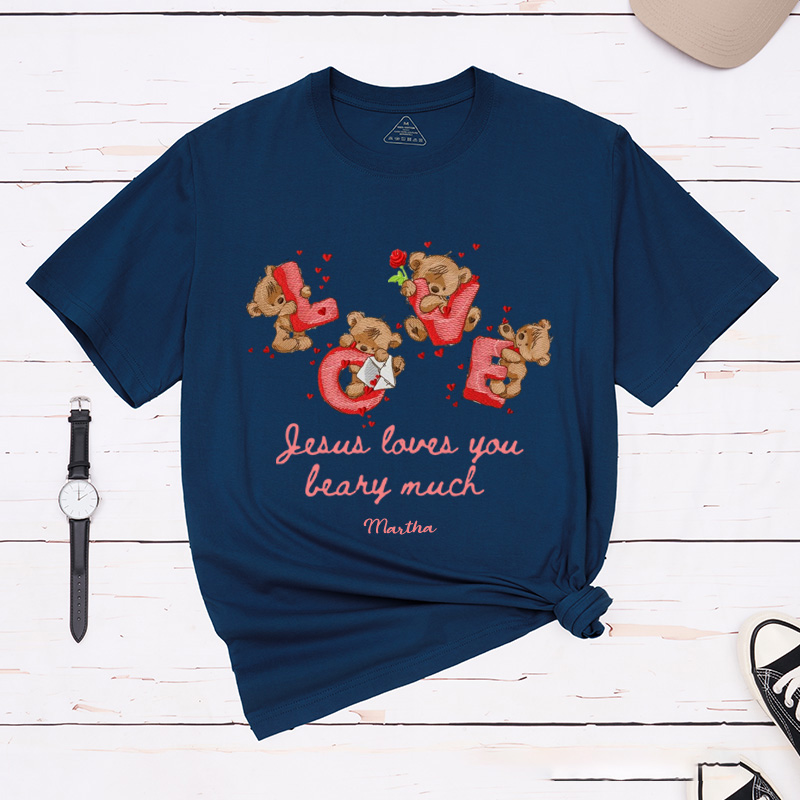 Personalized Jesus Loves you Beary Much Retro Bear Heart Valentine Classic T-Shirt with Name Christian Shirt Religious Gift Valentine's Day Gift for Her
