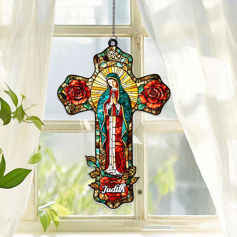 Personalized Lady of Guadalupe Cross Suncatcher with Custom Name Religious Virgin Mary Window Decor Mother of God Catholic Gift for Her