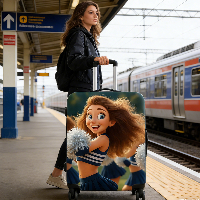 Personalized Pixar Cheerleader Luggage Cover with Custom Character Design for Cheerleader Enthusiasts 