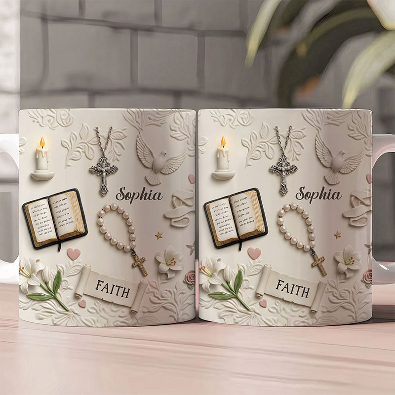 Personalized Rooted In Faith 11oz 15oz Ceramic Mug with Custom Name 3D Style Bible Rosary Cross Candles Ddoves Coffee Mug Religious Gift for Her