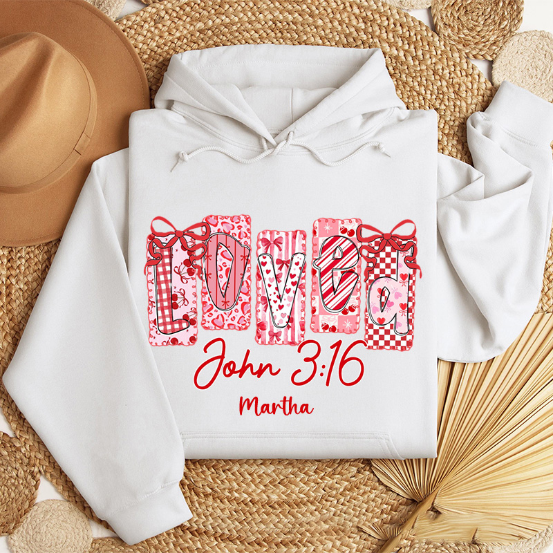 Personalized Loved John 3:16 Classic Hoodies with Name Retro Bible Verse Hoodies Religious Gift Valentines Day Gift for Girls