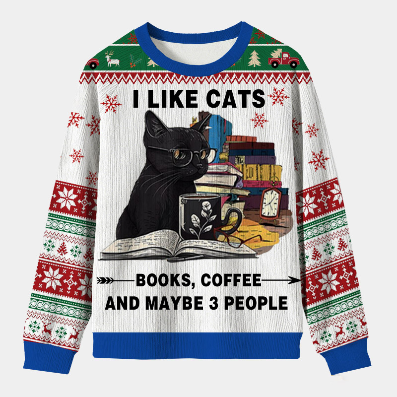 Personalized Reading Cat Relax Vibes Ugly Sweater Festive Gift for Bookworms