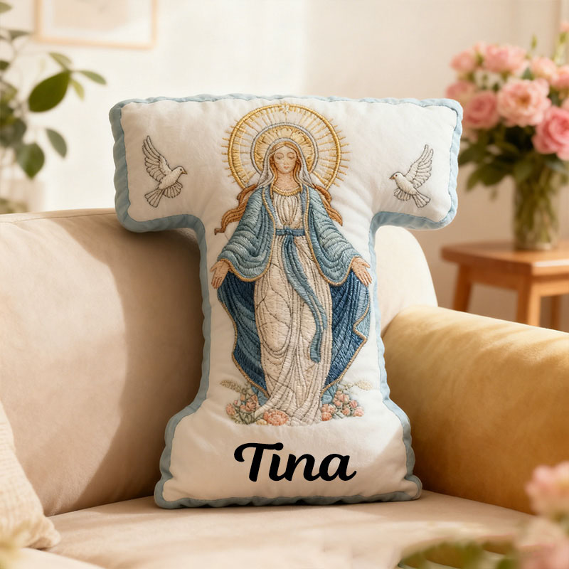 Personalized Virgin Mary Letter Pillow with Custom Name Christian Home Decor Catholic Gift for Her Our Lady of Grace Doves and Floral Graphic 3D Print