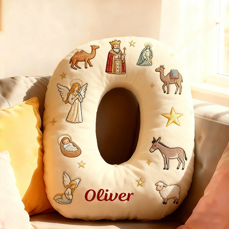 Personalized Christmas Nativity Ccene Letter Pillow with Custom Name Hoom Decor Christian Gift Baby Jesus Angel Shepherd Camel Donkey Graphic 3D Print