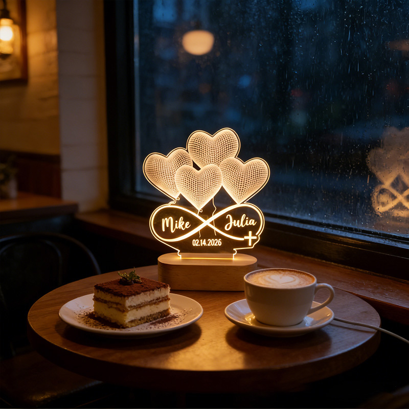 Personalized Infinity Heart Cross 3D Illusion LED Lamp with Wooden Base with Custom Names and Date Valentines Gift for Couple Anniversary Gift