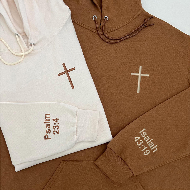 Personalized Cross Embroidered Hoodies with Custom Bible Verse On the Sleeve Couple Matching Sweatshirt Valentine Day Gift Couples Gift