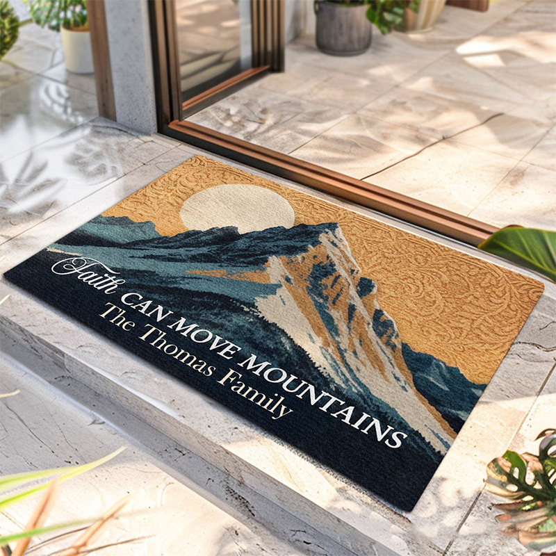 Personalized Faith can Move Mountains Doormat with Custom Family Name Non-Slip Durable Front Door Decor Religious Gift for Faithful Family