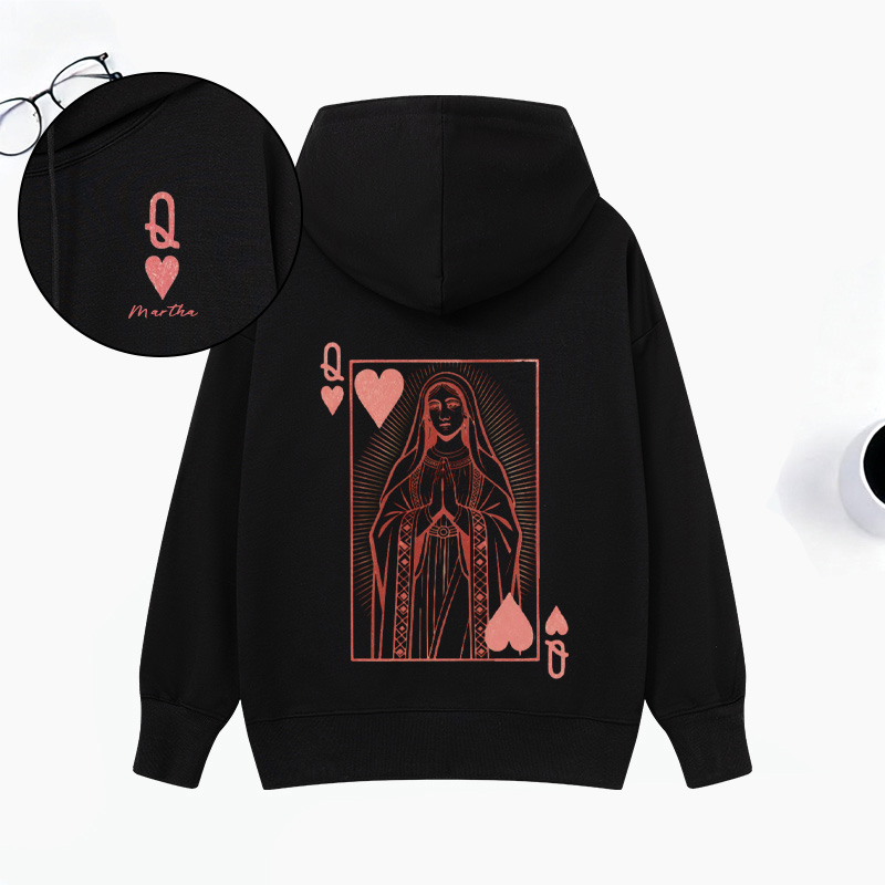 Personalized Virgin Mary Classic Queen of Hearts Hoodies with Custom Name Funny Valentines Day Sweatshirt Valentine Day Gift for Her