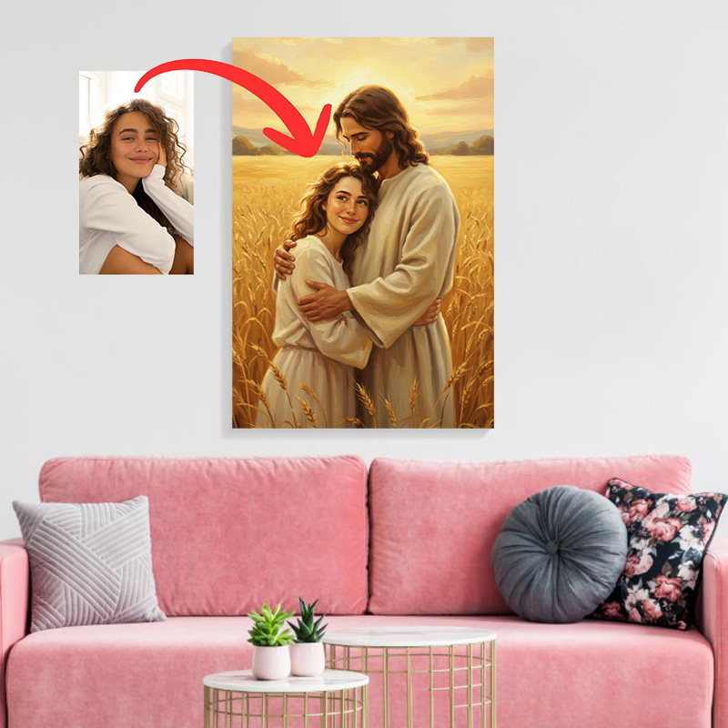 Personalized Jesus Embrace Poster with Custom Photo Wall Decor Christmas Christian Artwork Religious Painting Gift Faith Art Print