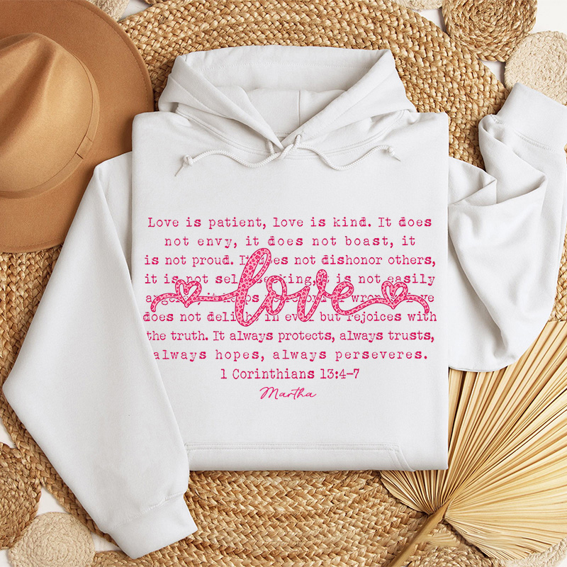 Personalized Love is Patient Love is Kind Classic Hoodies with Custom Name Retro Love Leopard Christian Valentine Sweatshirt Valentine's Day Gift