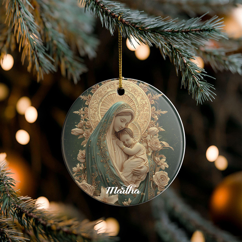Personalized Our Lady of Joy Catholic Ceramic Christmas Ornament with Custom Name Madonna & Child Relief Style Catholic Ornament Gift Mom Gift