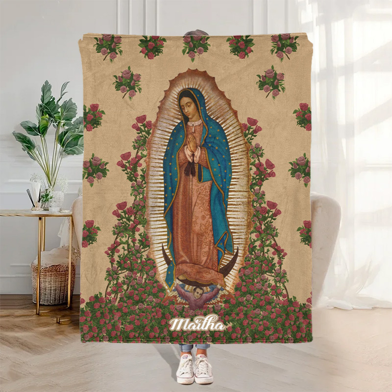 Personalized Virgen De Guadalupe Soft Throw Blanket with Custom Name Catholic Marian Blanket Catholic Gift Religious Gift for Her