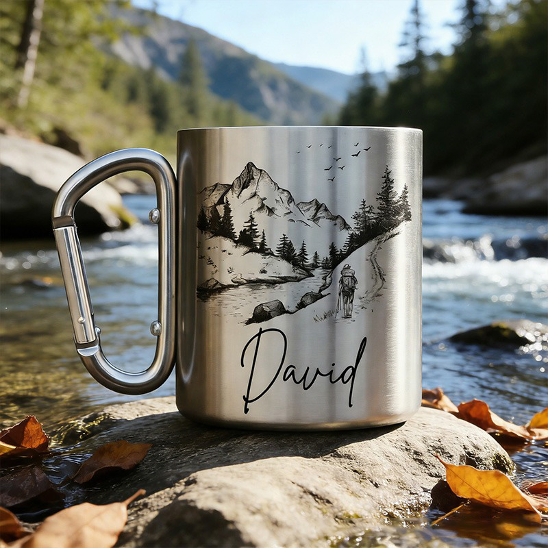 Personalized Hiking Mug Custom Stainless Steel Carabiner Cup Hiker Gift Nature Coffee Mug Backpacking Travel Mug