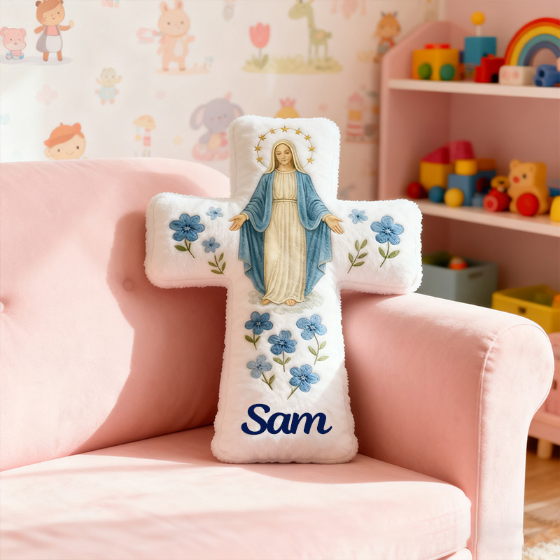 Personalized Catholic Virgin Mary Cross Pillow with Custom Name Home Decor Our Lady Pillow Blue Floral Catholic Marian Pillow Christian Gift for Women