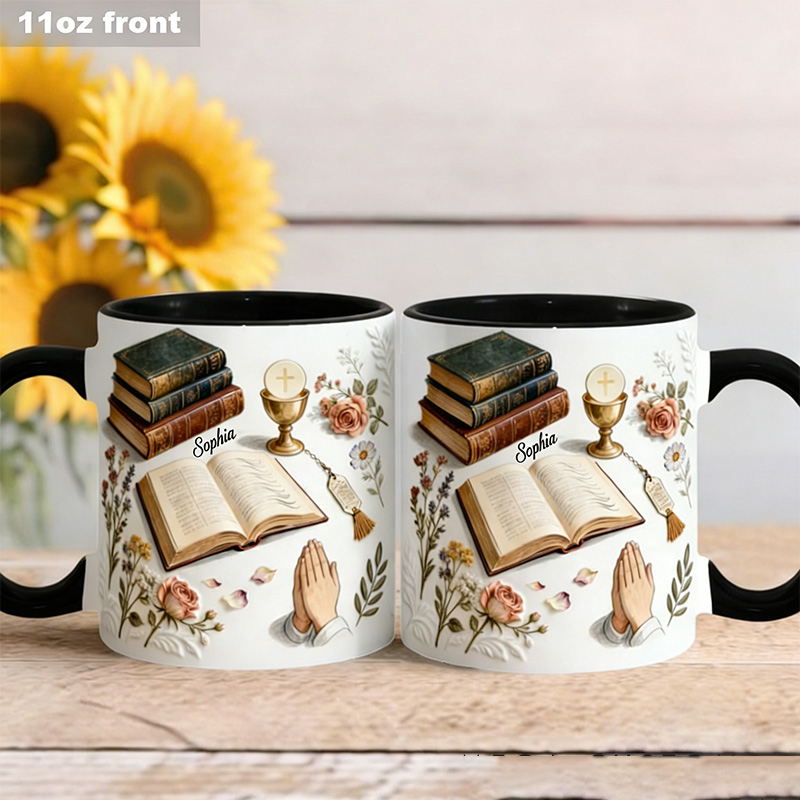 Personalized Just A Girl Who Loves Christ 11oz Ceramic Mug with Name Bible Prayer Hand Chalice Floral Coffee Cup Religious Christian Gift for Women