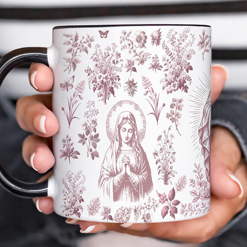Personalized Catholic Virgin Mary Pink French Toile 11oz Ceramic Mug with Name Our Lady Coffee Cup Floral Catholic Marian Mug Christian Gift for Women