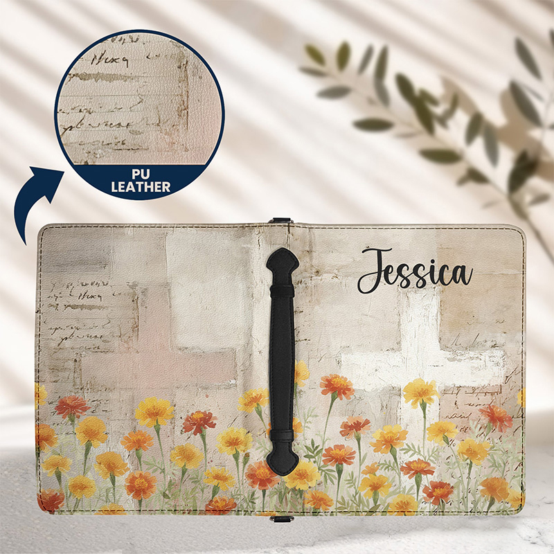 Personalized Watercolor Birth Flower Cross PU Leather Bible Cover Case with Custom Name and Carry Handle Religious Birthday Gift for Christian Women