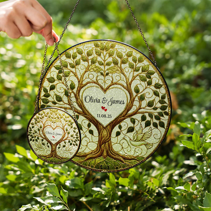 Personalized Tree of Life Wedding Stained Glass Suncatcher Ornament with Custom Name and Date Heart Dove Window Hanging Decor Religious Wedding Gift