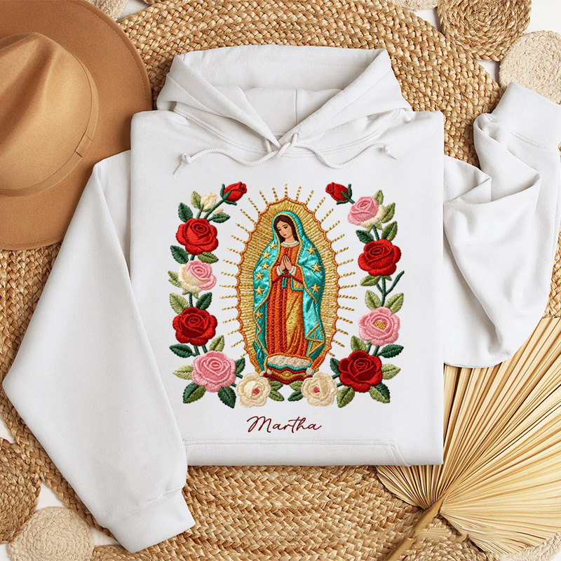 Personalized Our Lady of Guadalupe Classic Hoodies with Custom Name Graphic 3D Print Blessed Mother Mary Catholic Sweatshirt Faith Gift Religious Gift