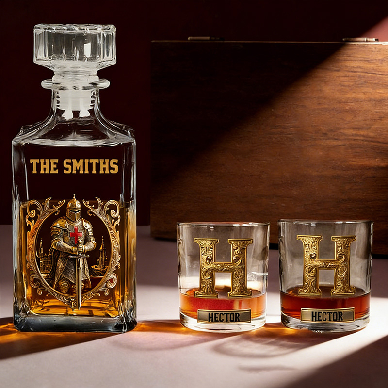 Personalized Strong Warrior Whiskey and Glass Set with Custom Initial and Name Drink Set for Family Christian Knight with Cross Whiskey Decanter Set
