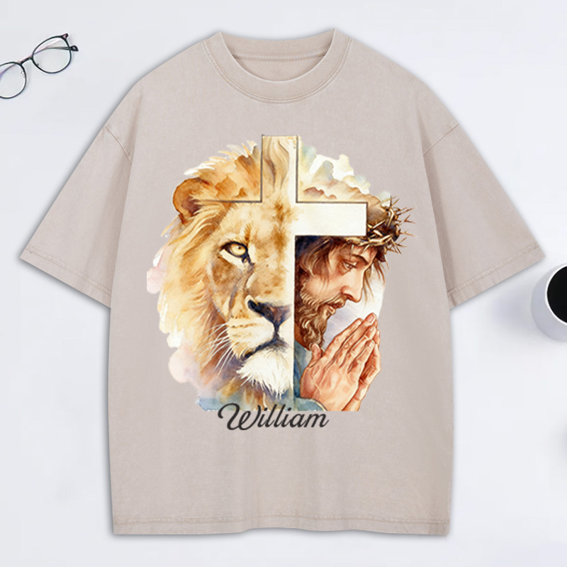 Personalized Man of God Lion of Judah Washed T-Shirt with Custom Name Jesus Tee Religious Gift Christian Gift for Men