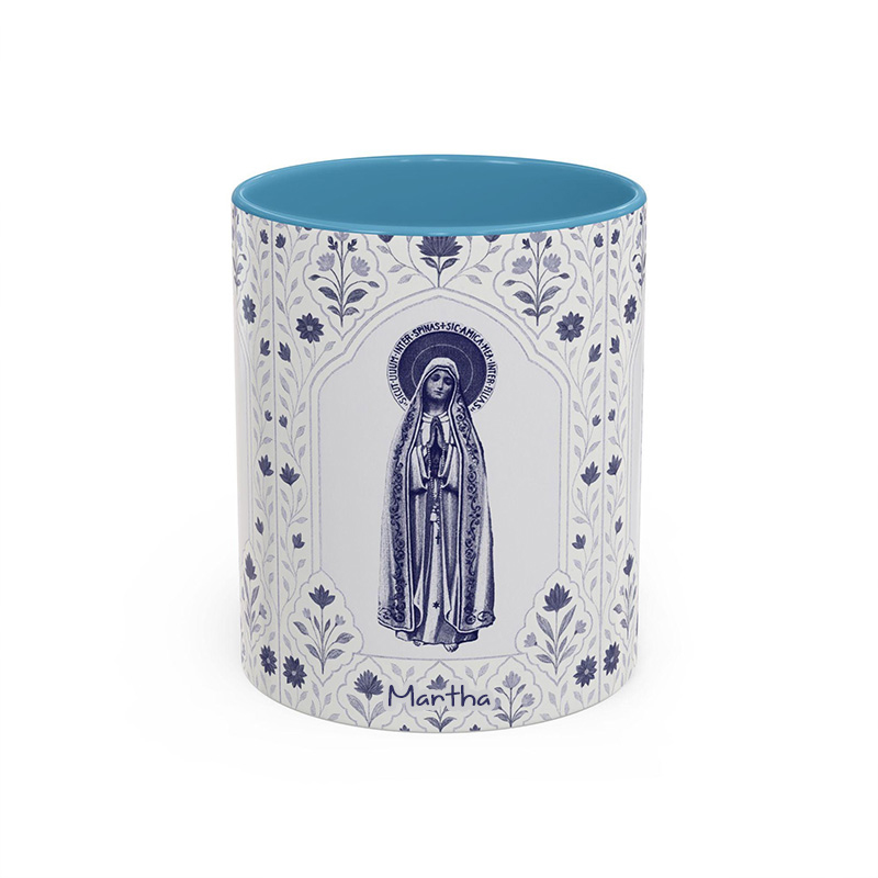 Personalized Vintage Blue Virgin Mary 11oz Ceramic Mug with Custom Name Floral Catholic Our Lady Coffee Mug Marian Coffee Cup Catholic Gift for Women