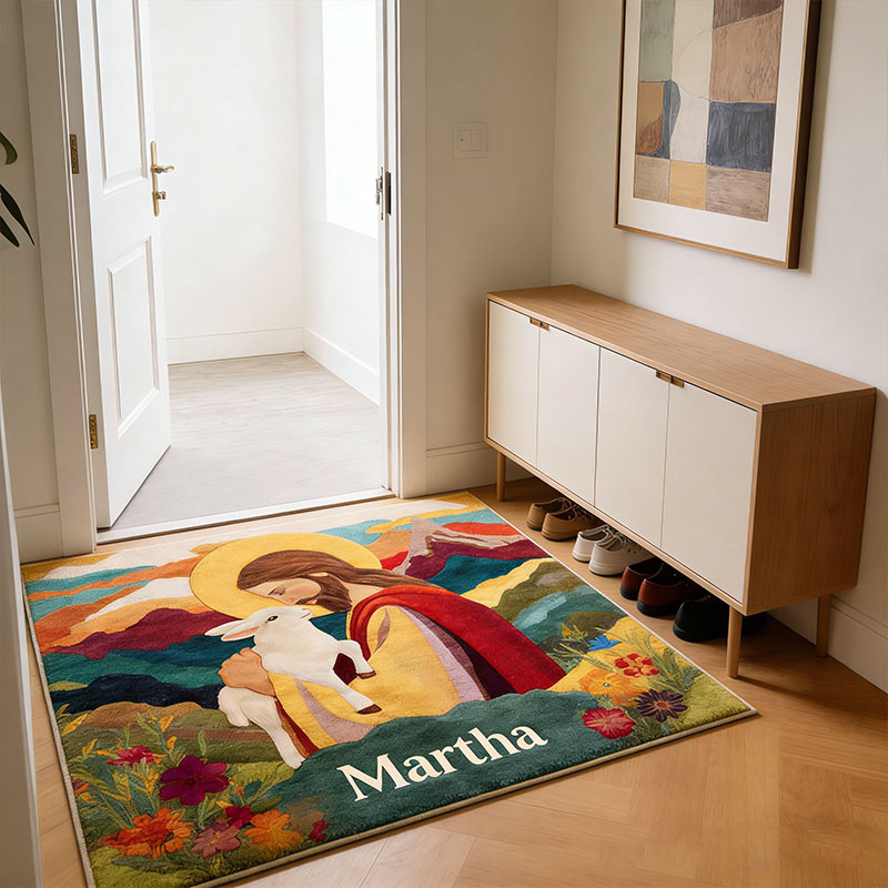 Personalize Jesus and Lamb Rug with Custom Name Religious Rug for Women Faith Based Gift Christian Gift for Her