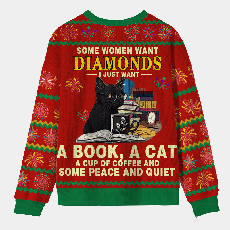 Personalized Bookish Cat Coffee Cozy Scene Ugly Sweater Holiday Gift for Book Lovers