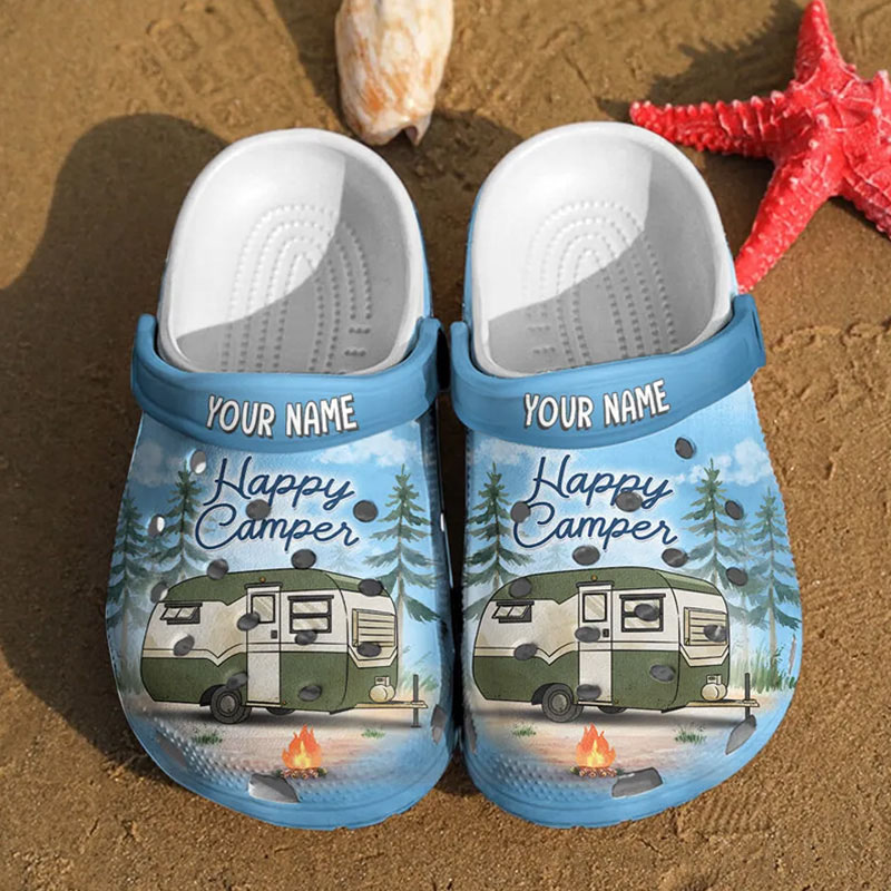 Personalized Forest Happy Campers Slide Sandals Custom Camping Unisex Clogs Gift for Camping Lovers