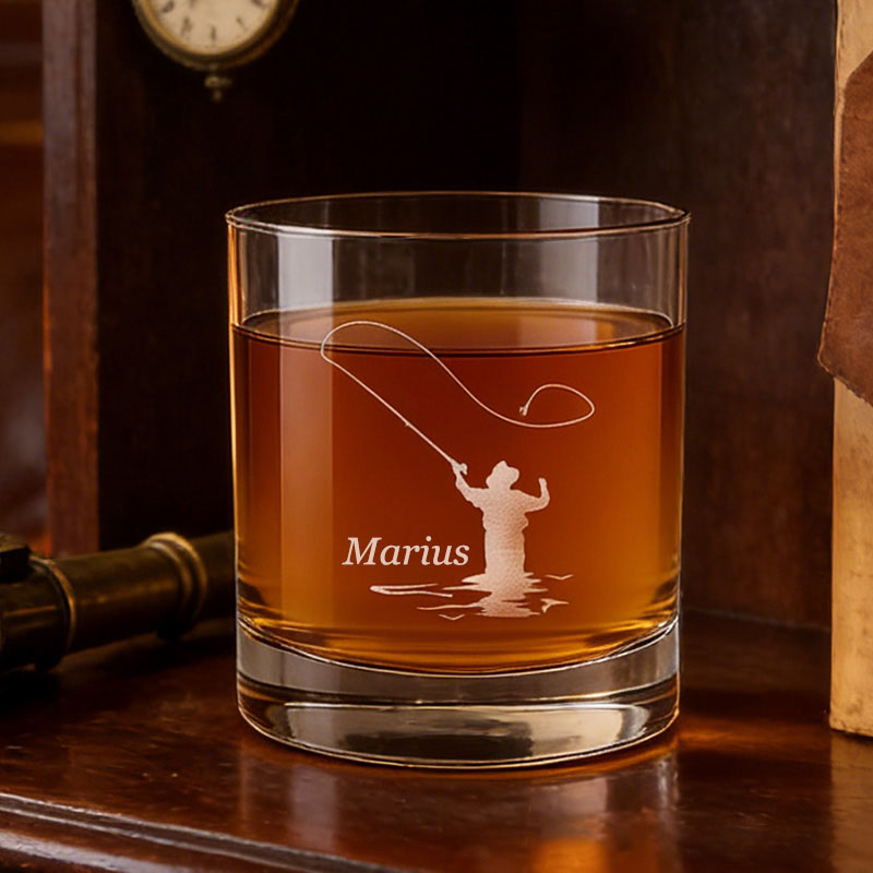 Personalized Fishing Whiskey Glass Fly Fisherman Whiskey Glass Outdoor Fishing Gift for Husband Him