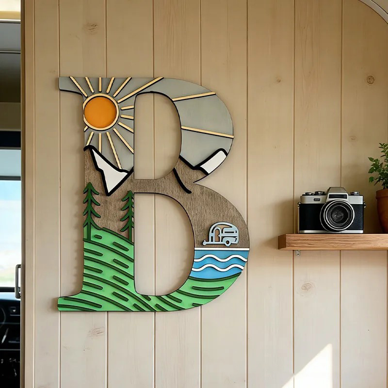 Personalized Monogram Camping Rv Life 3D Wall Decor Home Away from Home Decor Camping Decor Camper or Tent Mountain and Lake Design