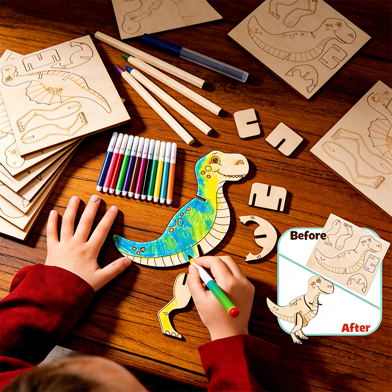 Personalized DIY Wooden 3D Dinosaur Puzzle Kit for Kids Creative Coloring with Markers Included