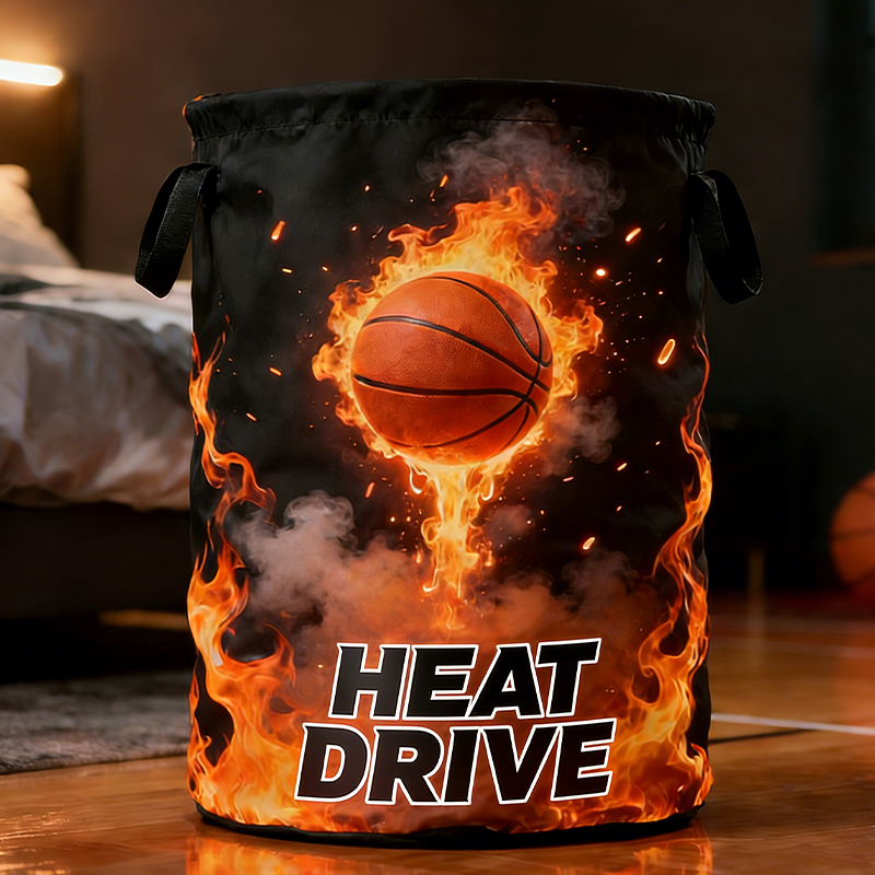 Personalized Flaming Basketball Storage Basket with Custom Text for Basketball Fans