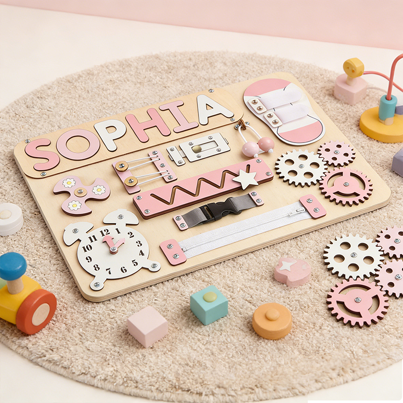 Personalized Montessori Busy Board Wooden Sensory Activity Toy for Toddlers Customizable Name 10+ Interactive Features Develops Fine Motor Skills
