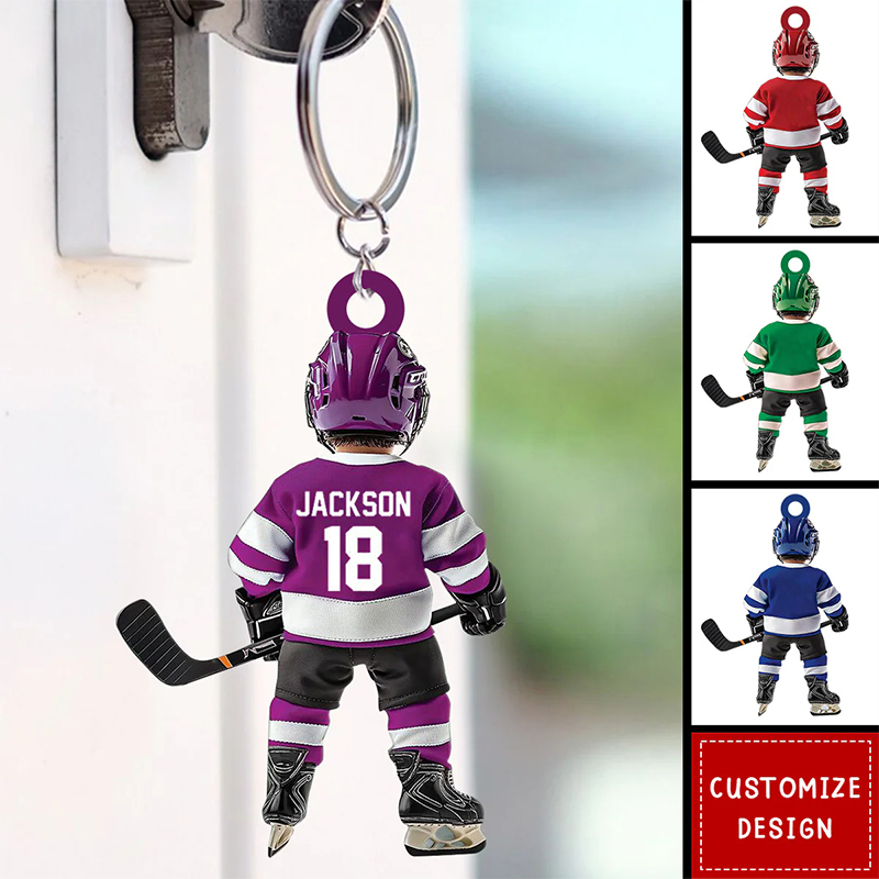 Personalized Acrylic Ice Hockey Player Keychain with Custom Name, Number, and Jersey Design for Ice Hockey Fans
