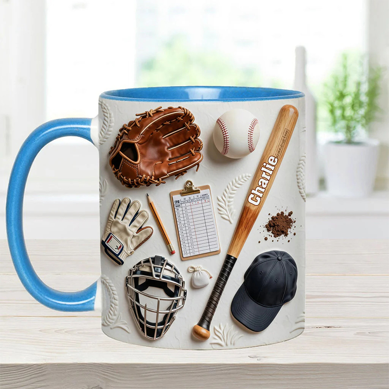Personalized Baseball Mug with Custom Name and Sports Gear Artwork for Coaches and Baseball Fans