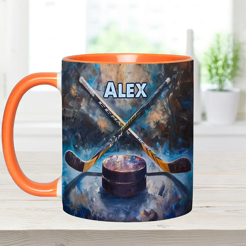 Personalized Ice Hockey Mug with Artistic Stick and Puck Design for Ice Hockey Enthusiasts