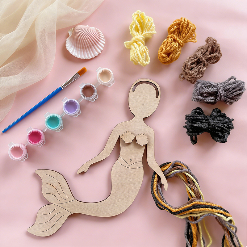 Personalized DIY Mermaid Self-portrait Craft Kit for Kids Wooden Painting and Yarn Hair Design with Custom Name
