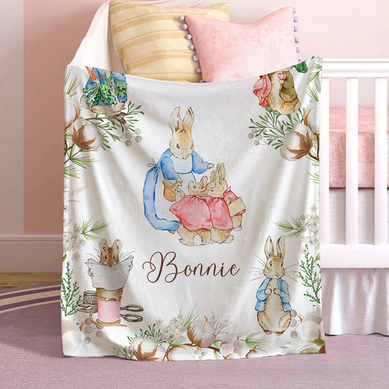 Personalized Easter Rabbit Soft Throw Blanket with Name Home Decor Easter Birthday Baby Shower Gift for Newborn Kids
