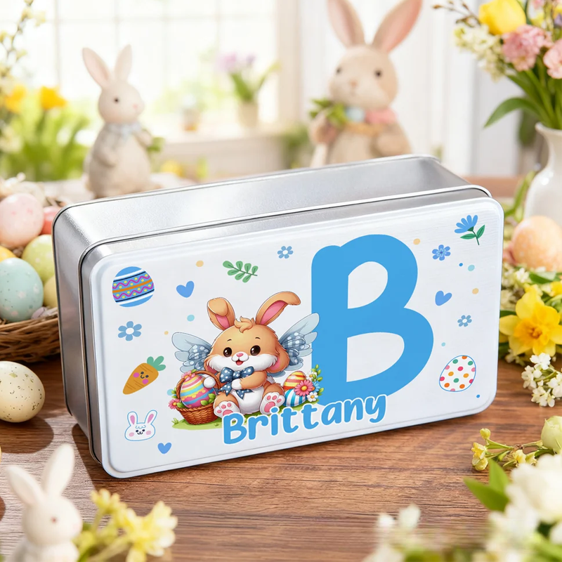 Personalized Cartoon Bunny Easter Eggs Food Grade Metal Biscuit Tin Storage Box with Name Easter Holiday Gift for Family Kids