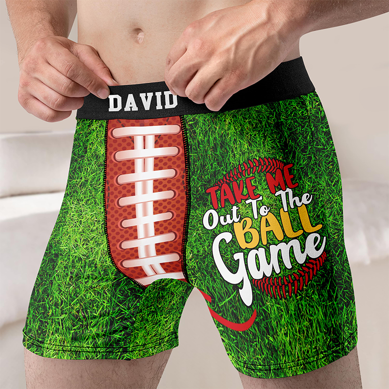 Personalized Football Boxers "Take Me Out to the Ball Game" with Custom Name and Fun Design for Sports Fans Valentine's Day Gift for Men