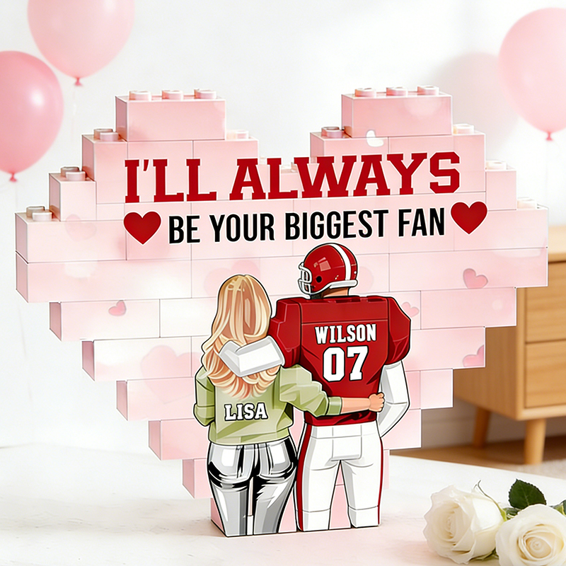 Personalized Football Couples Heart "Biggest Fan" Building Blocks with Custom Names and Number Valentine's Day Gift