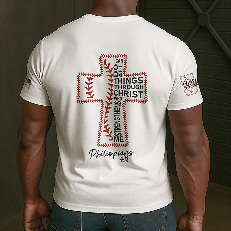 Personalized Baseball and Faith T-Shirt with Philippians 4:13 and Custom Name Christian Sports Gift Religious Gift for Baseball Lover