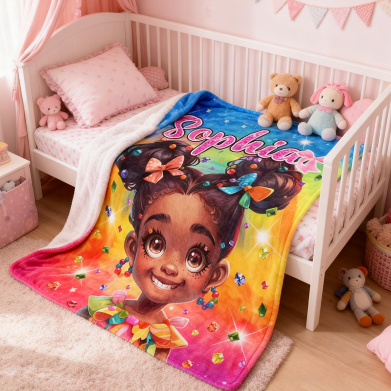 Personalized Afro Girl Fleece Soft Throw Blanket with Name Birthday Gift for Children Girls
