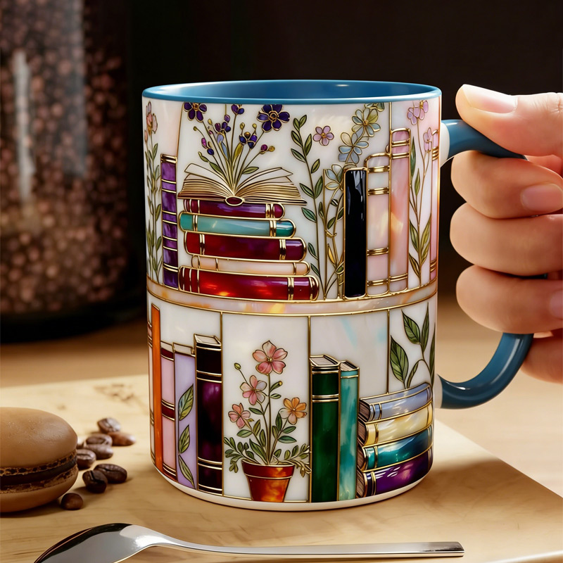 Personalized Stained-Glass Style Floral Bookshelf Mug Custom Book Accent Mug with Name Bookworm Coffee Cup for Reader Book Lover Librarian Gift