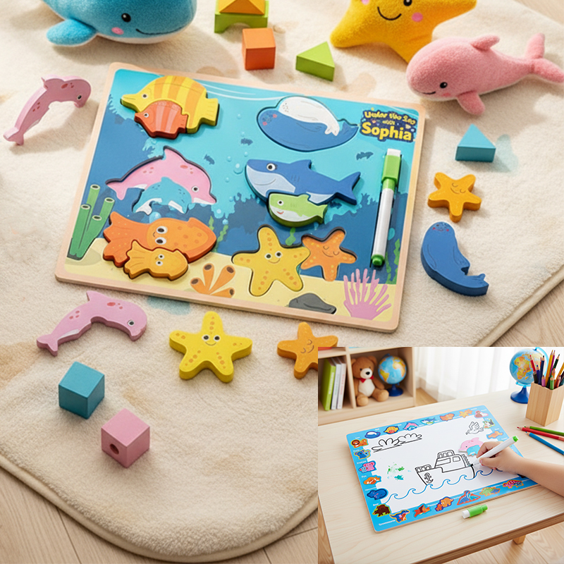 Personalized Ocean Theme Wooden Puzzle and Drawing Board for Kids Custom Name or Message 2-in-1 Educational Toy Perfect Gift for Kids