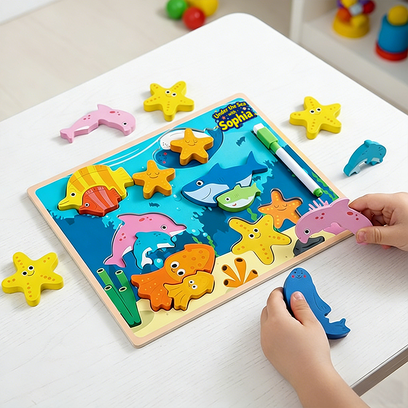 Personalized Ocean Theme Wooden Puzzle and Drawing Board for Kids Custom Name or Message 2-in-1 Educational Toy Perfect Gift for Kids