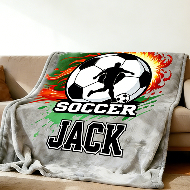 Personalized Soccer Blanket with Custom Name and Fiery Design for Soccer Enthusiasts