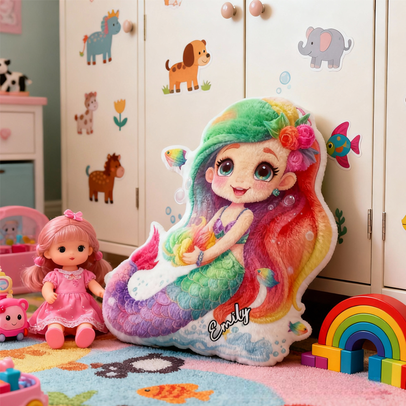 Personalized Colorful Mermaid with Name Graphic 3D Print Pillow Christmas Gift for Kids or Baby Birthday Gift